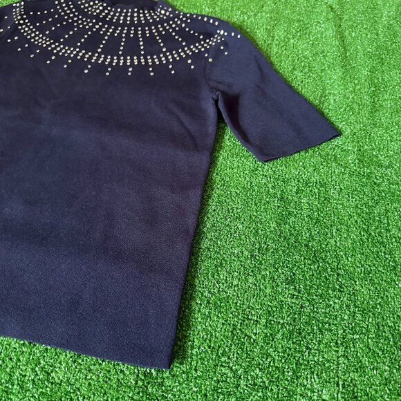 Ann Taylor Rhinestone Embellished Mock Neck Sweater T-Shirt Size M Navy Blue Sky - Picture 4 of 13